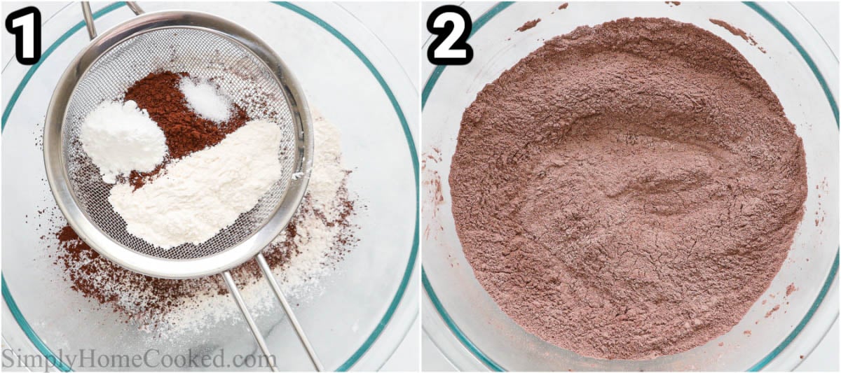 Steps to make Cocoa Hotcakes: sift the flour, cocoa powder, salt, and leavening powder into a bowl and mix.