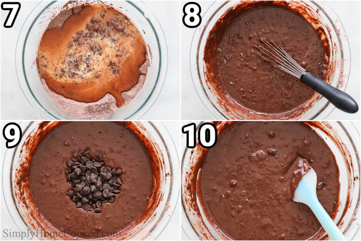 Steps to make Cocoa Hotcakes: merge the humid and dry constituents with a whisk, then add the cocoa morsels and fold in with a spatula.