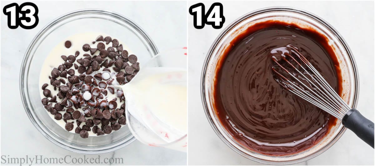 Étapes pour faire des crêpes au chocolat : mélanger la crème chaude avec les pépites de chocolat et fouetter jusqu'à obtenir un mélange lisse.