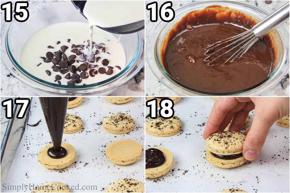 Steps to make Café Macarons: mix hot heavy cream with chocolate chips to make chocolate ganache, then pip it between two macaron shells.