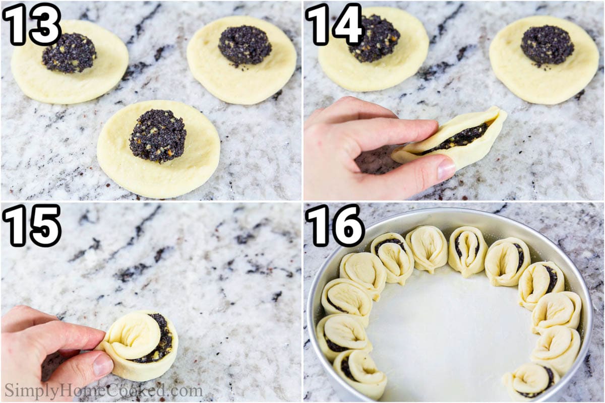 Steps to make Opium Seed Pull Apart Bread: fill the circles with filling, fold over and pinch he corner together, then assemble the opium seed rolls in a baking pan.