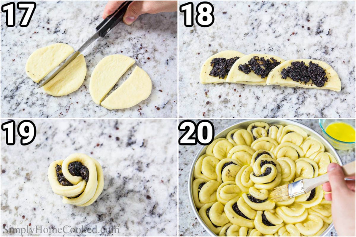 Étapes pour réaliser le pain en épi de pavot : couper des cercles en deux et les plier en une rosette avant de les ajouter au centre du moule et d'ajouter du lavage d'œuf avant la cuisson.