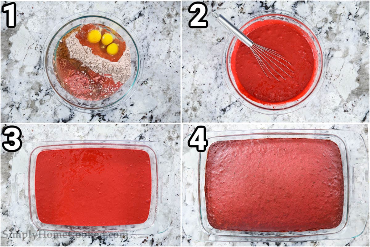 Steps to make Red Velvet Cake Spheres: combine eggs, oil, cake mix, and water with a whisk, then pour the batter in a baking pan and bake.