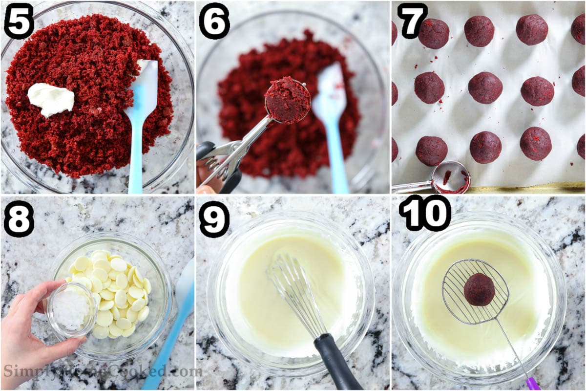 Steps to make Red Velvet Cake Spheres: crumble the cake and mix it with frosting, then scoop it into spheres and cover with melted sugar melts.